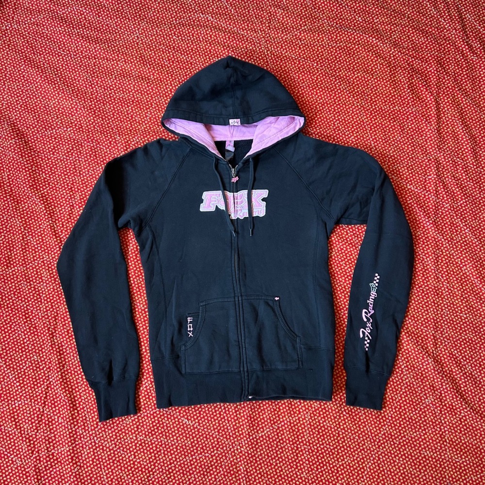 Fox Racing Fox Girl Zip Up Hoodie Black Pink Logo Y2K Moto Size L
